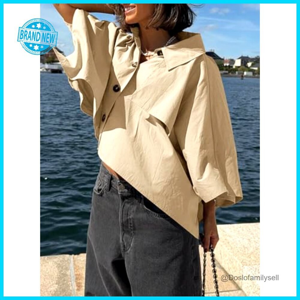 Oversized Cropped Trench Coat Single Breasted 3/4 Cape Sleeve Chic Outerwear - Picture 6 of 7